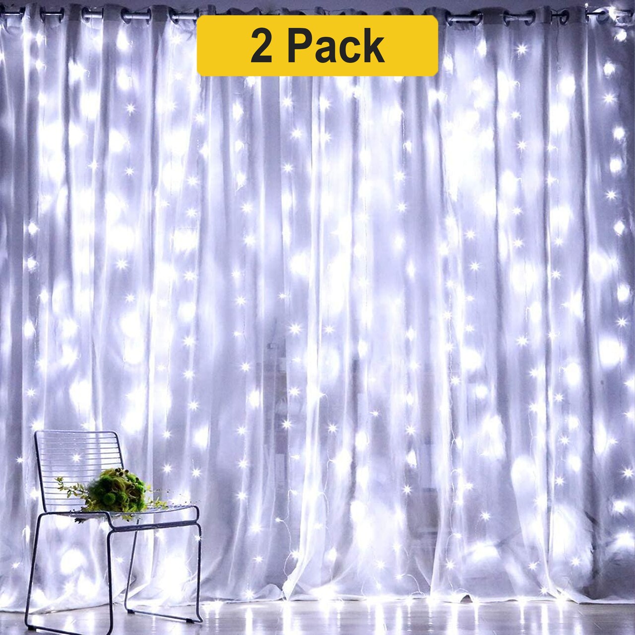 300 LED Twinkling Curtain Lights — 12 Strands, 8 Modes, Plug-In